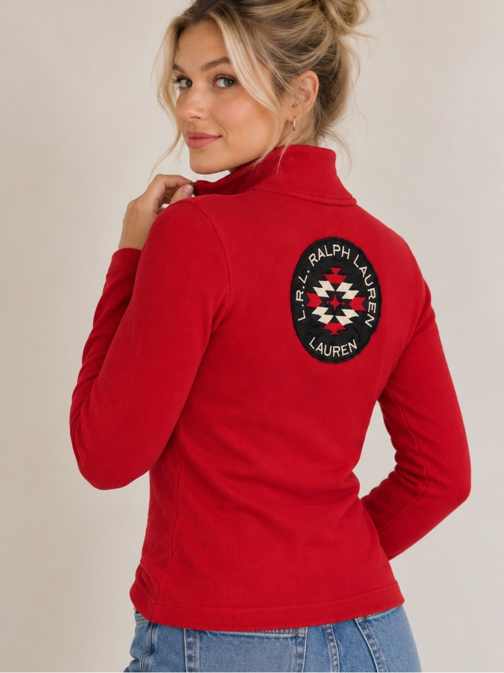 Lauren Ralph Lauren Red Ribbed Quarter Zip Cotton Long Sleeve Top M